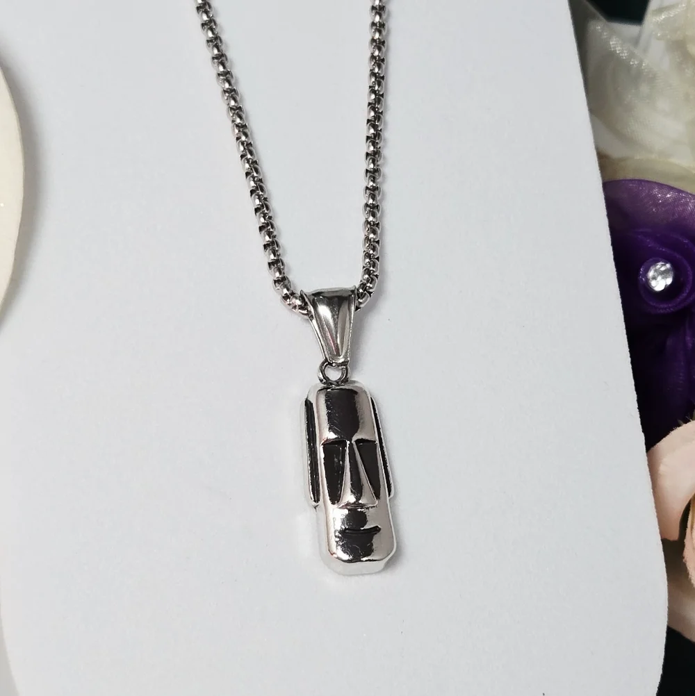 Moai Statue Pendant Necklace 316L Stainless Steel Antique Silver 24” Hawaii Vibe